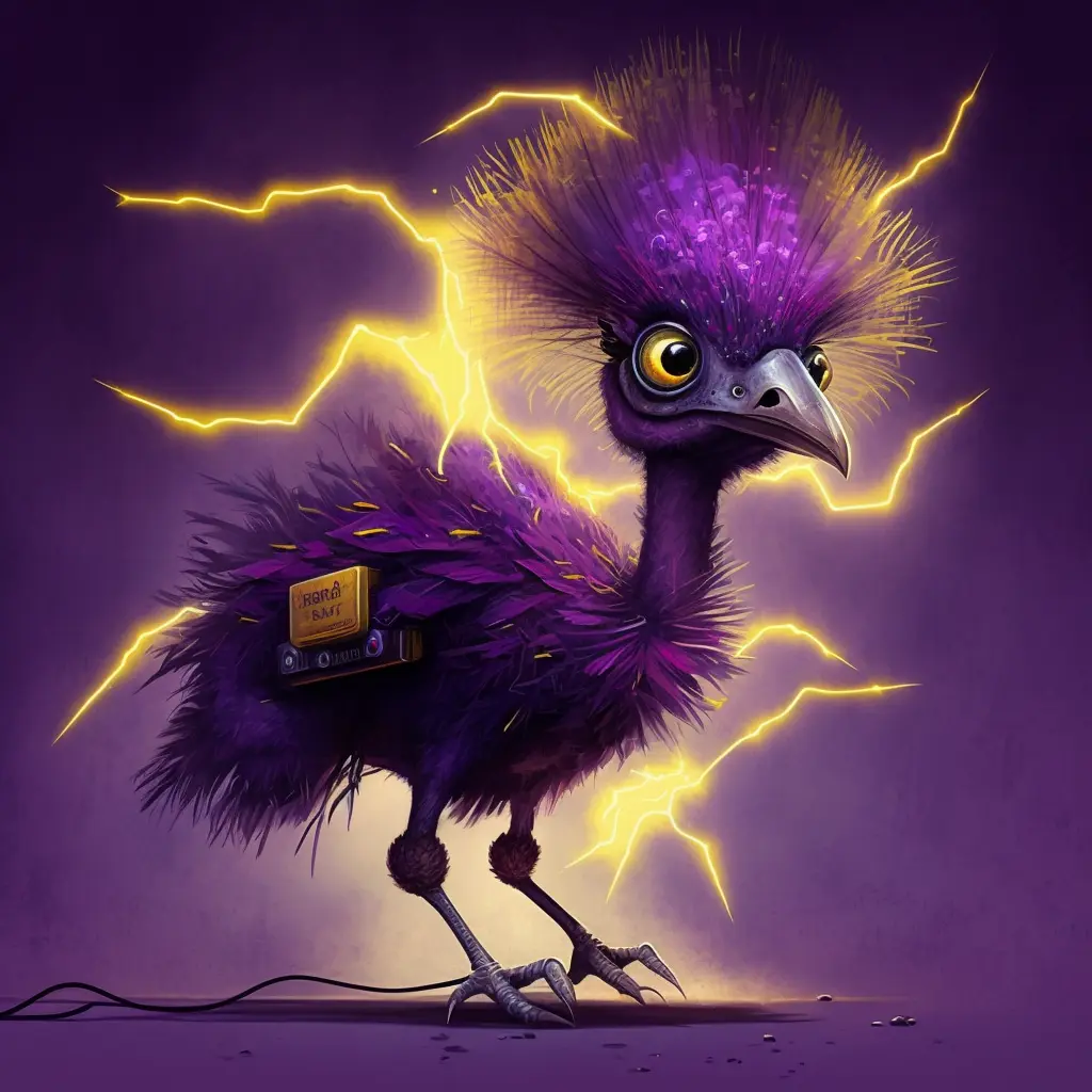 A cartoonish ostrich zappeed by lightning